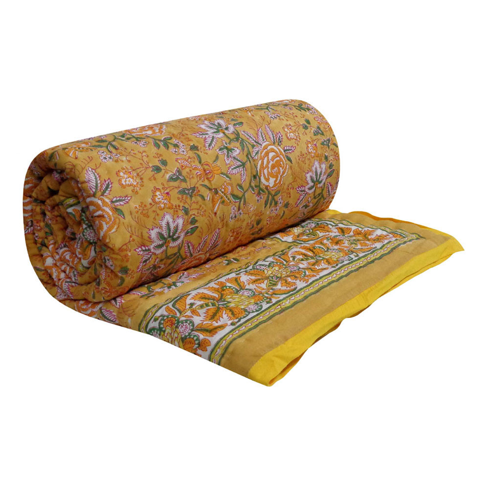 Hand Block Printed Cotton Twin Size Quilt Naya Gulab Mustard 620634