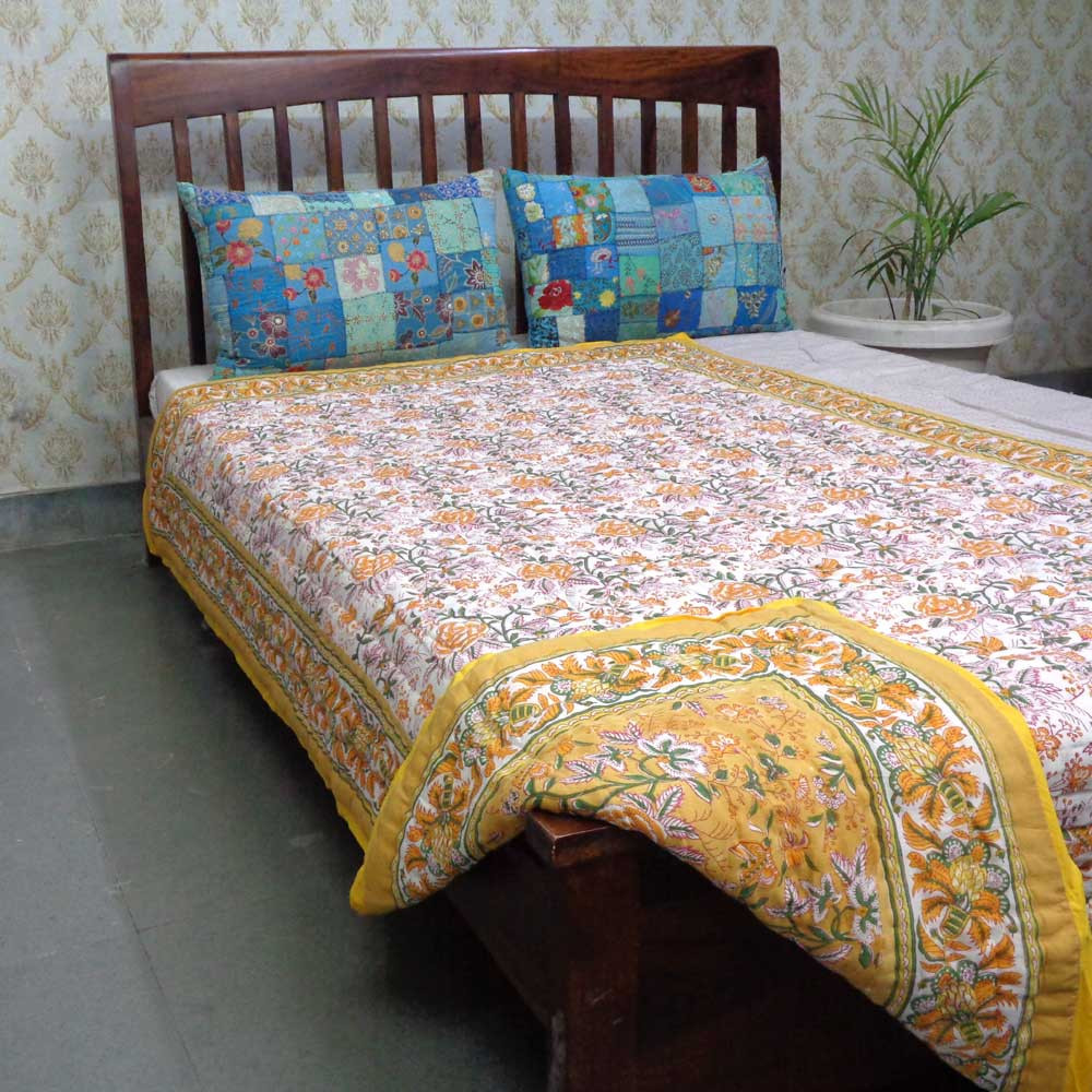 Hand Block Printed Cotton Twin Size Quilt  Naya Gulab Mustard 620634