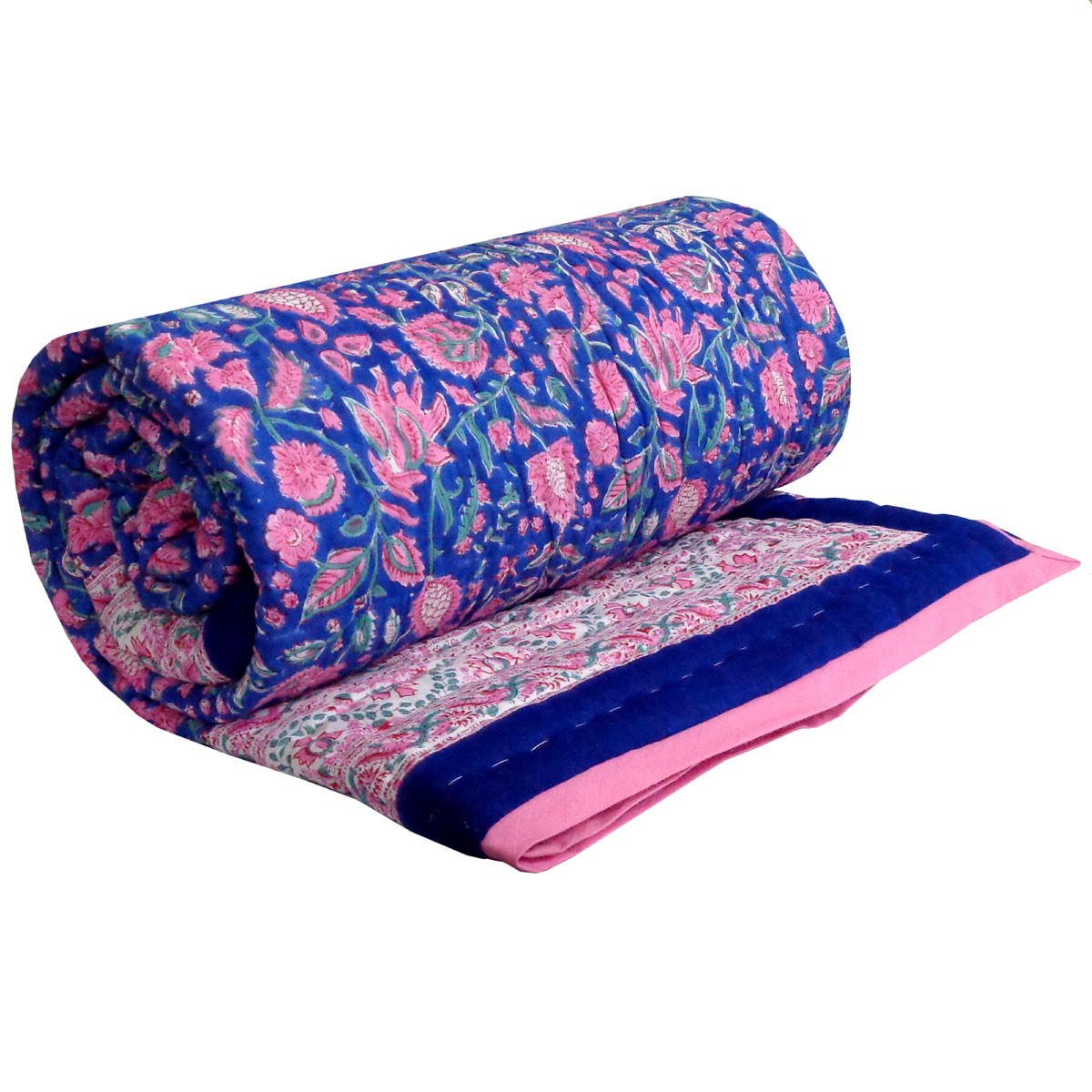 Hand Block Printed Cotton Twin Size Quilt New Blue Pink 504725