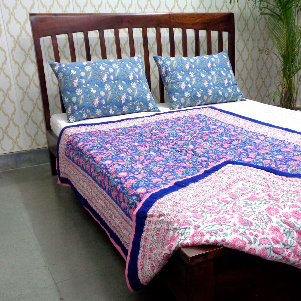 Hand Block Printed Cotton Twin Size Quilt  New Blue Pink 504725