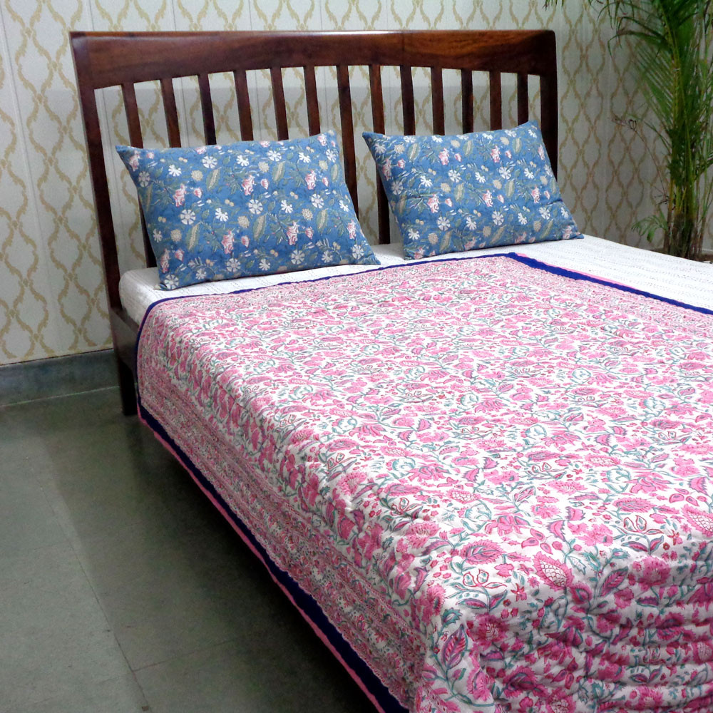 Hand Block Printed Cotton Twin Size Quilt New Blue Pink 504725
