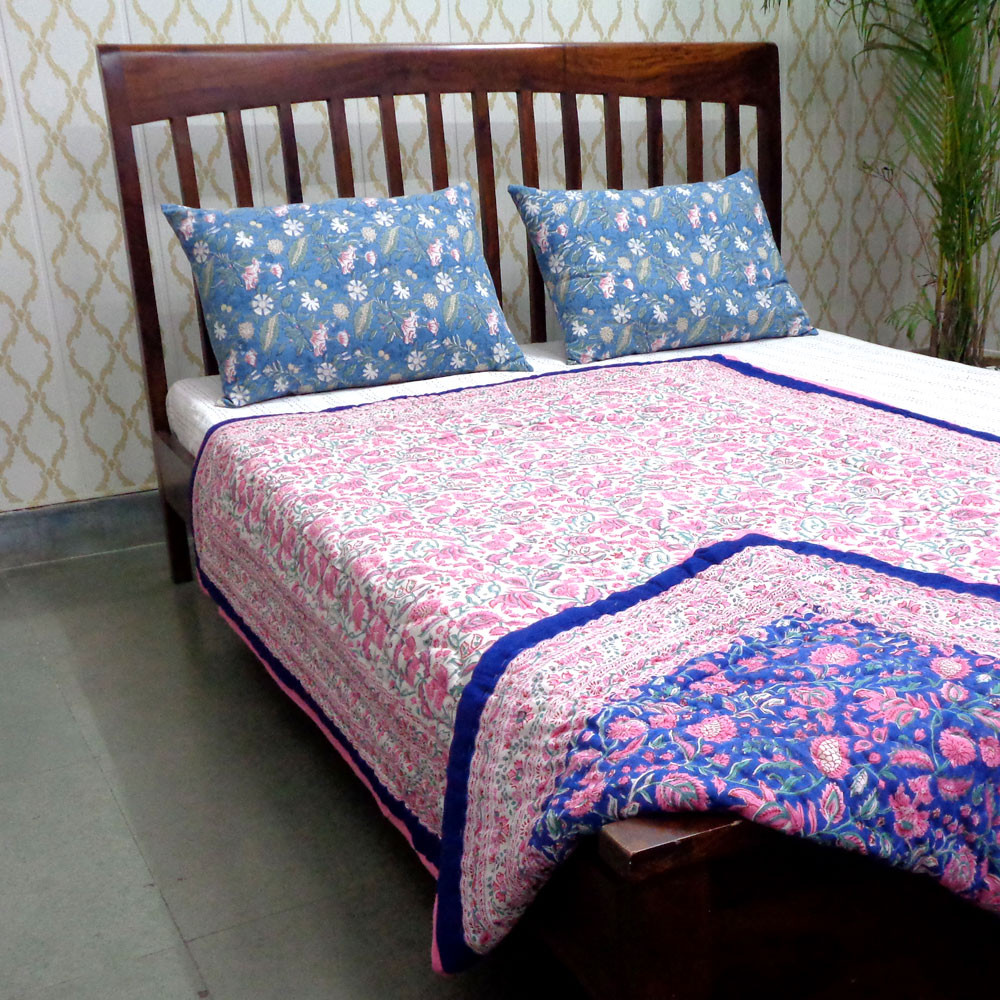 Hand Block Printed Cotton Twin Size Quilt  New Blue Pink 504725