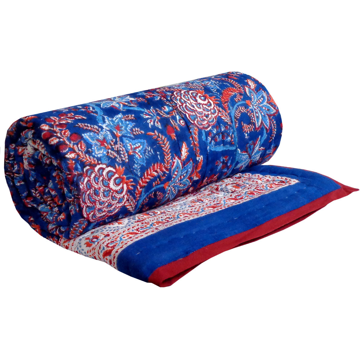 Hand Block Printed Cotton Twin Size Quilt New Dark Blue Flower 504650