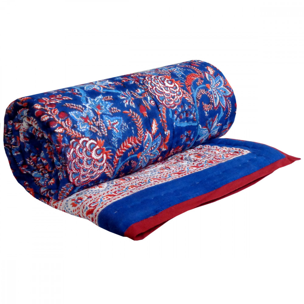 Image of Hand Block Printed Cotton Twin Size Quilt | New Dark Blue Flower 504650