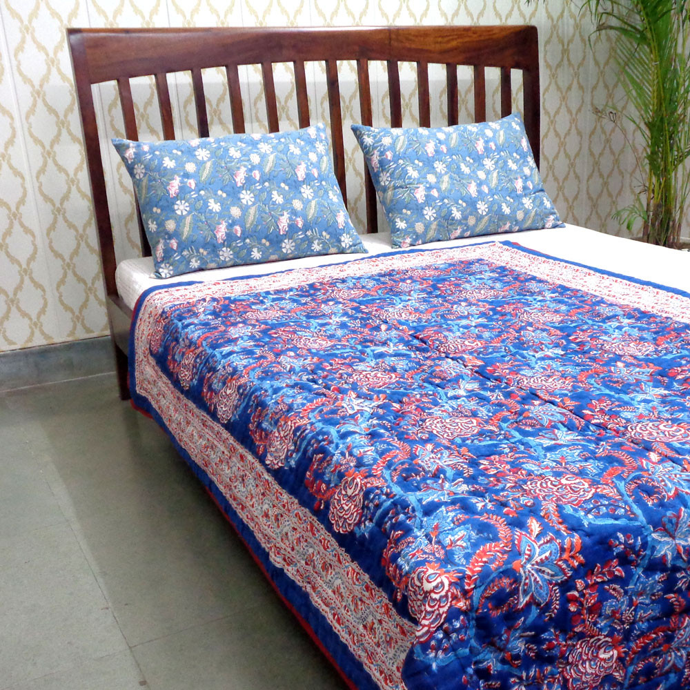 Hand Block Printed Cotton Twin Size Quilt  New Dark Blue Flower 504650