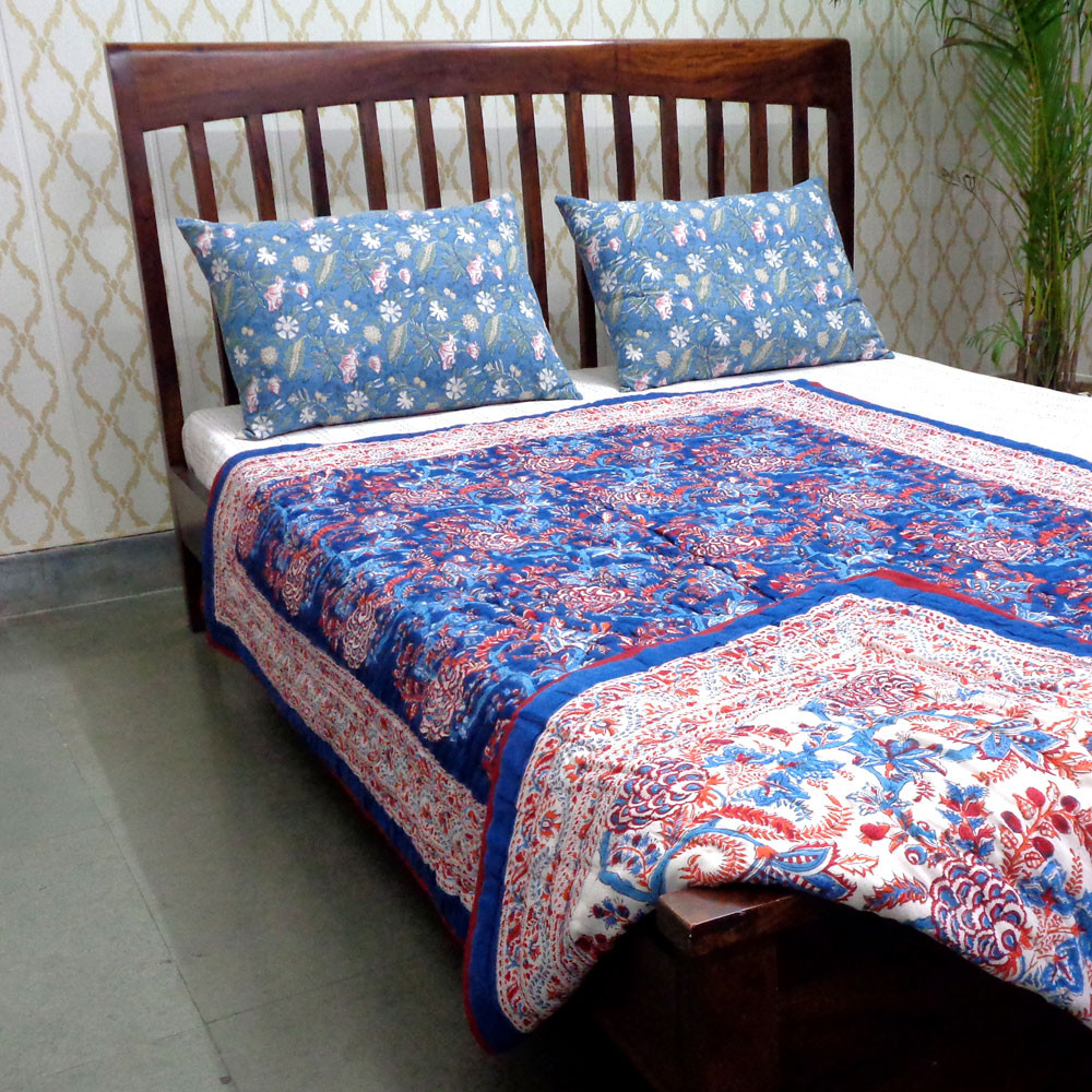 Hand Block Printed Cotton Twin Size Quilt New Dark Blue Flower 504650