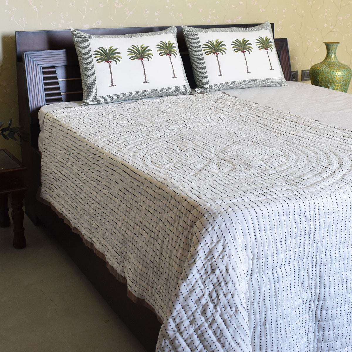 Hand Block Printed Cotton Twin Size Quilt Nordic Blue Greystone Stripe 202527