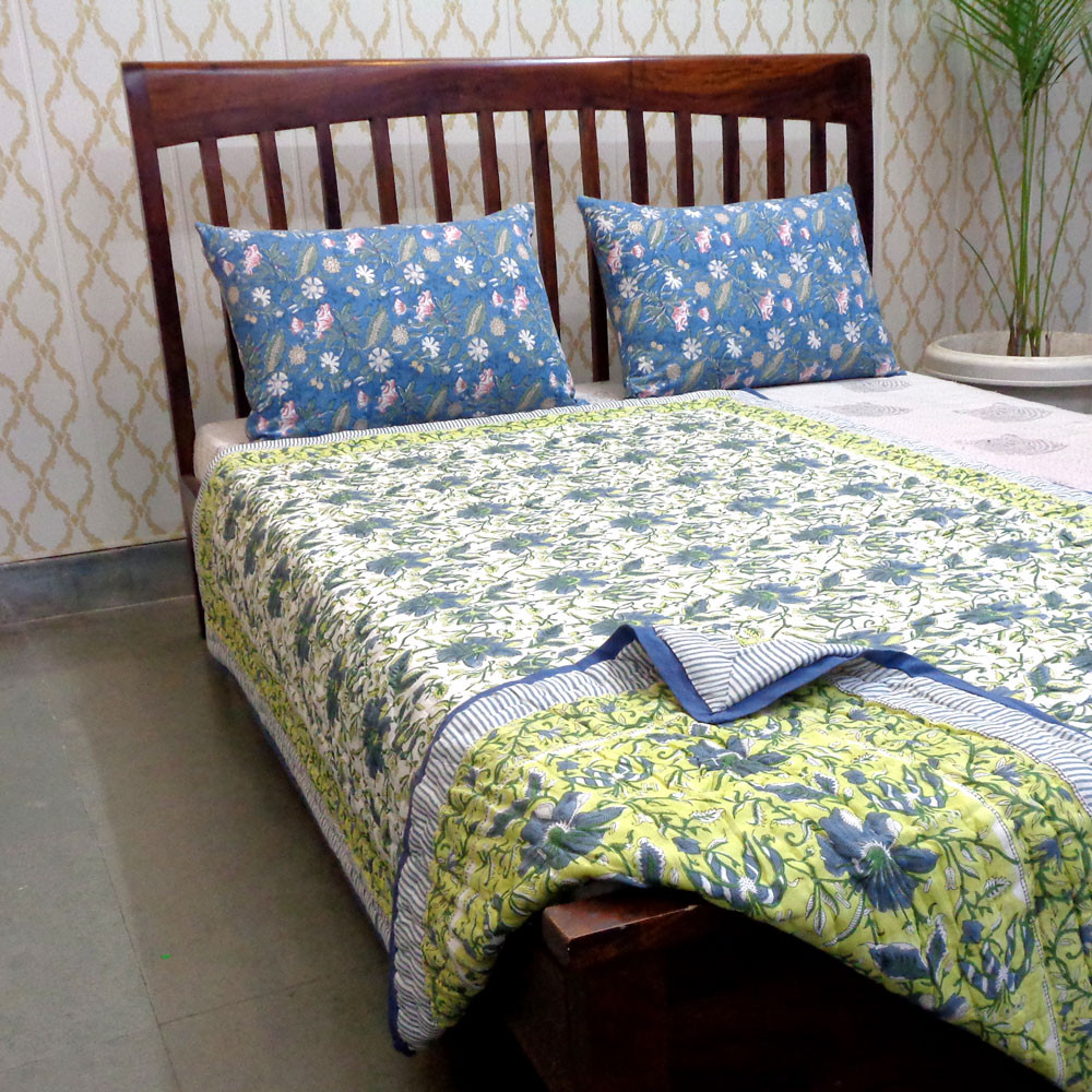 Hand Block Printed Cotton Twin Size Quilt Olive Flower Gud 602183