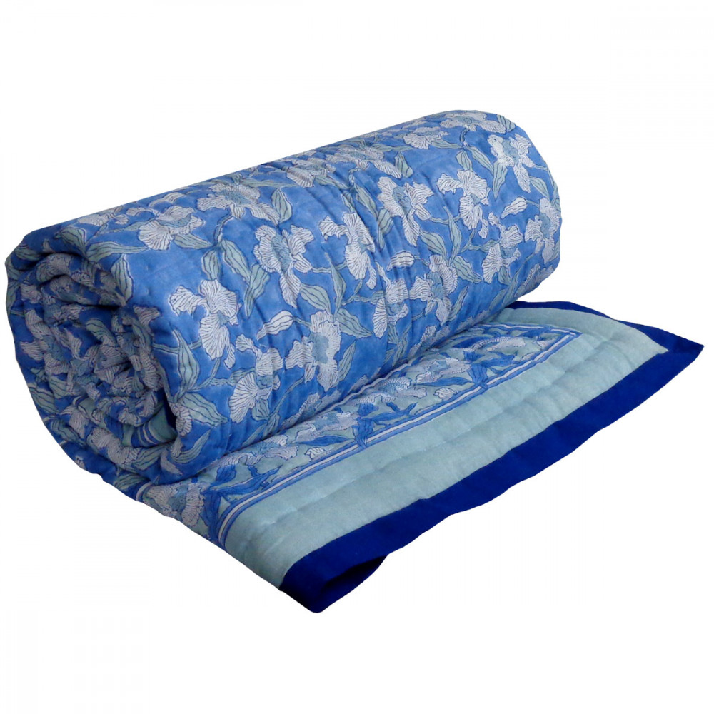 Image of Hand Block Printed Cotton Twin Size Quilt | Orchid Aqua 203890