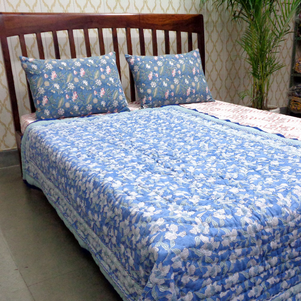 Hand Block Printed Cotton Twin Size Quilt Orchid Aqua 203890
