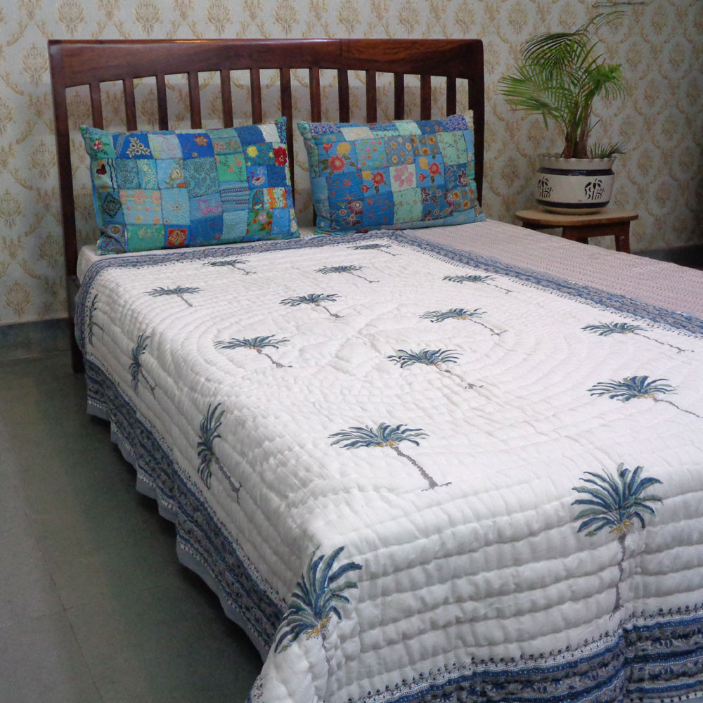 Hand Block Printed Cotton Twin Size Quilt Palm Tree Blue 203485