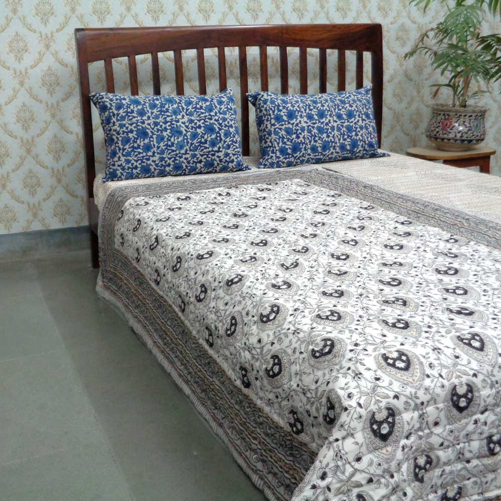 Hand Block Printed Cotton Twin Size Quilt Pan Leaf Dusk 21423