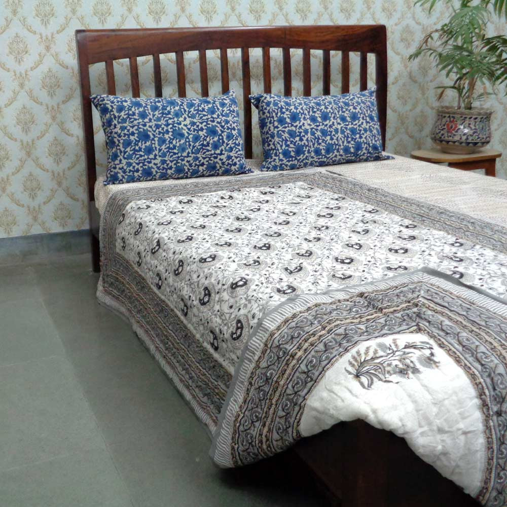 Hand Block Printed Cotton Twin Size Quilt Pan Leaf Dusk 21423