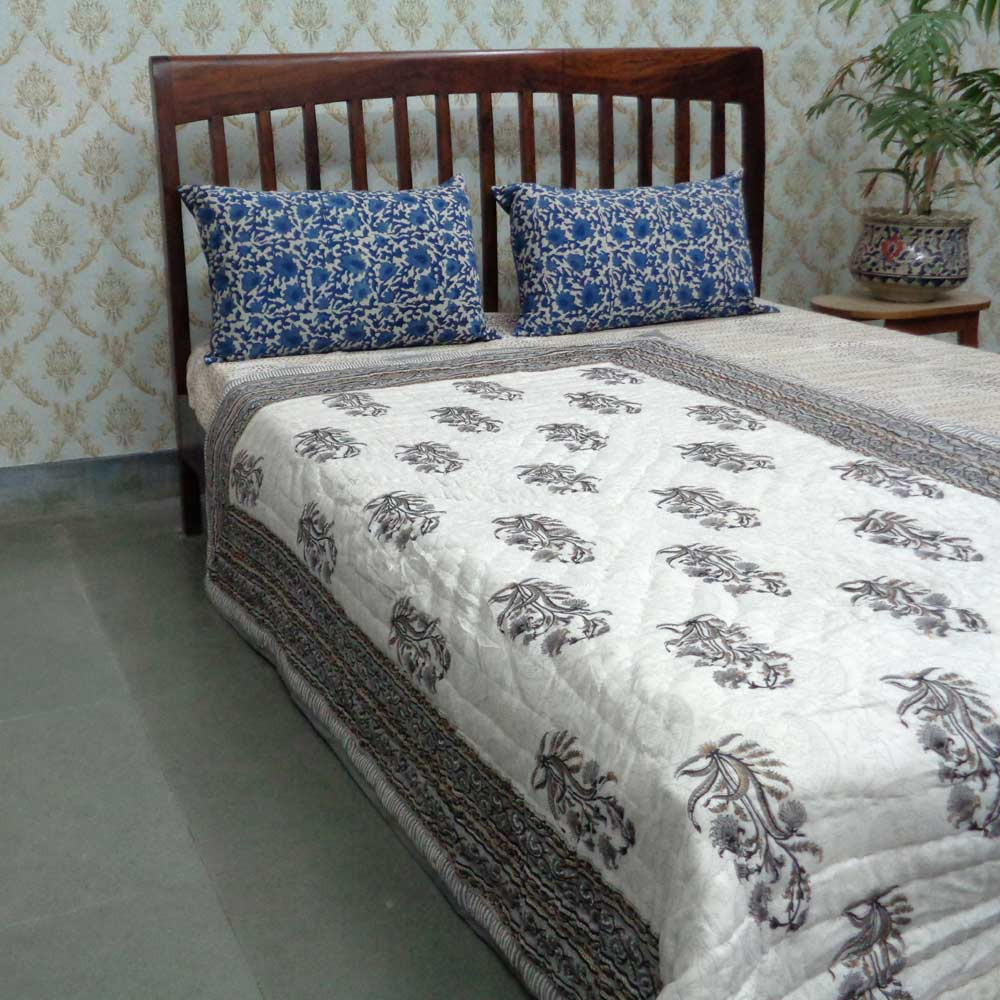 Hand Block Printed Cotton Twin Size Quilt Pan Leaf Dusk 21423