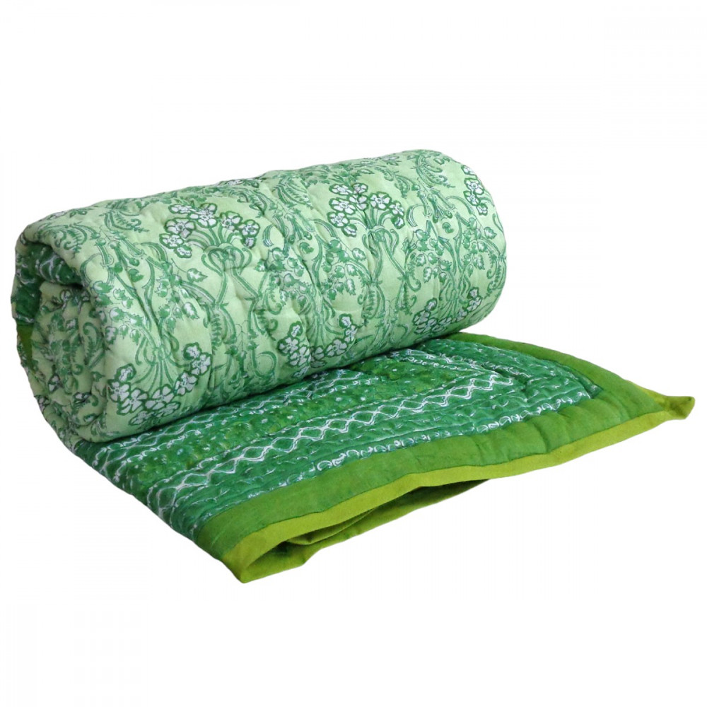 Image of Hand Block Printed Cotton Twin Size Quilt | Raat Ki Rani Green 207006