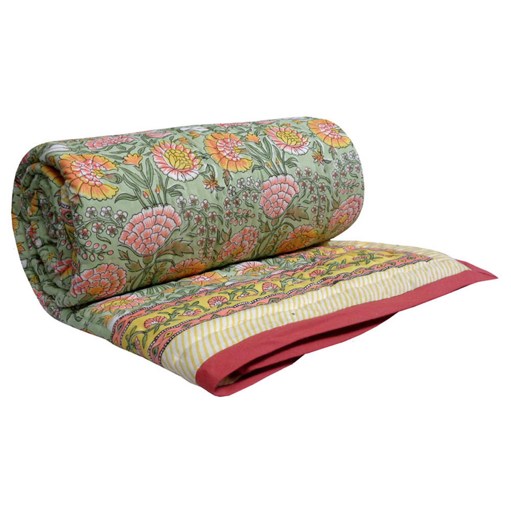 Image of Hand Block Printed Cotton Twin Size Quilt | Reshma Sea Green 201343