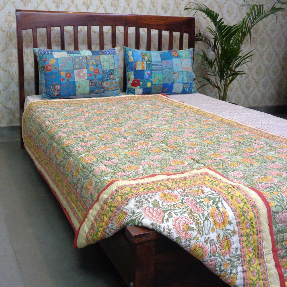 Hand Block Printed Cotton Twin Size Quilt Reshma Sea Green 201343