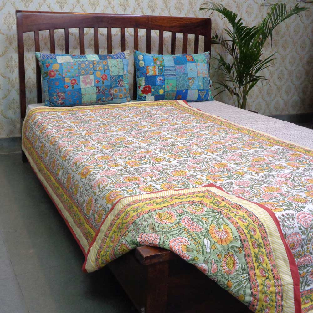 Hand Block Printed Cotton Twin Size Quilt Reshma Sea Green 201343