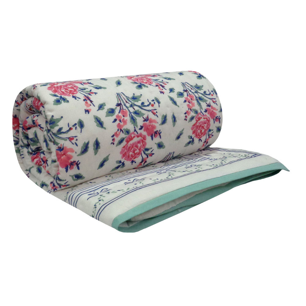 Hand Block Printed Cotton Twin Size Quilt  Roseline Pink 101834