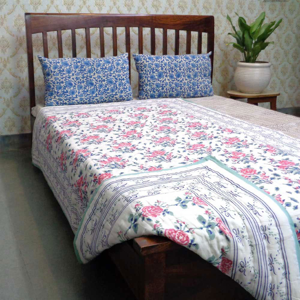 Hand Block Printed Cotton Twin Size Quilt  Roseline Pink 101834