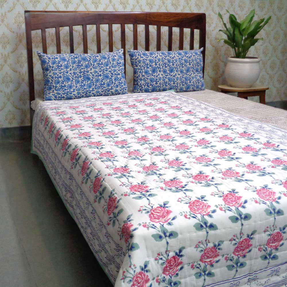 Hand Block Printed Cotton Twin Size Quilt  Roseline Pink 101834