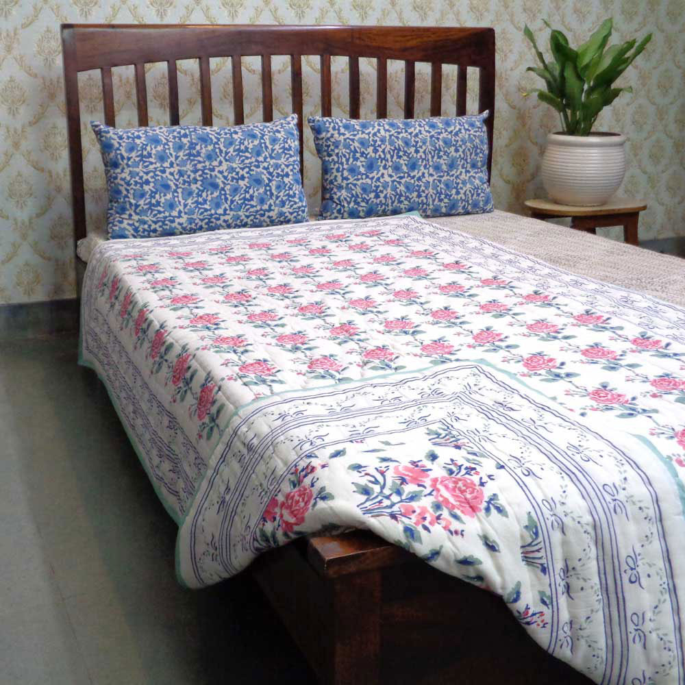 Hand Block Printed Cotton Twin Size Quilt  Roseline Pink 101834