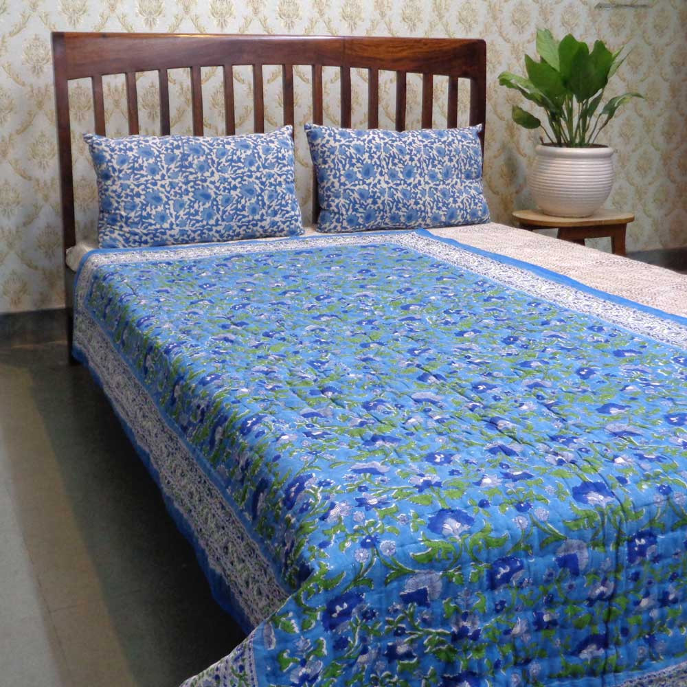 Hand Block Printed Cotton Twin Size Quilt Rukhsana Blue 102436