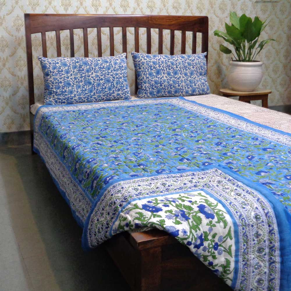 Hand Block Printed Cotton Twin Size Quilt Rukhsana Blue 102436