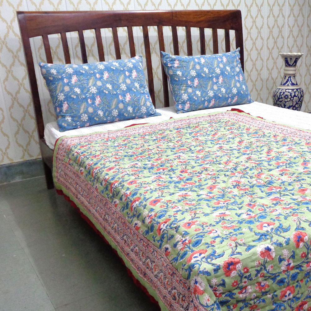 Hand Block Printed Cotton Twin Size Quilt Rukhsana Jade Gud 204222