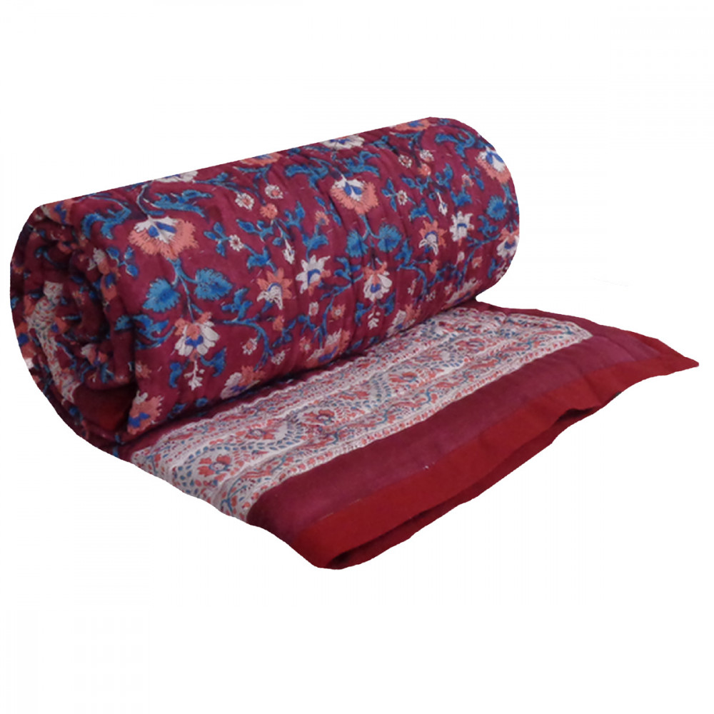 Image of Hand Block Printed Cotton Twin Size Quilt | Rukhsana Maroon Gud 105823