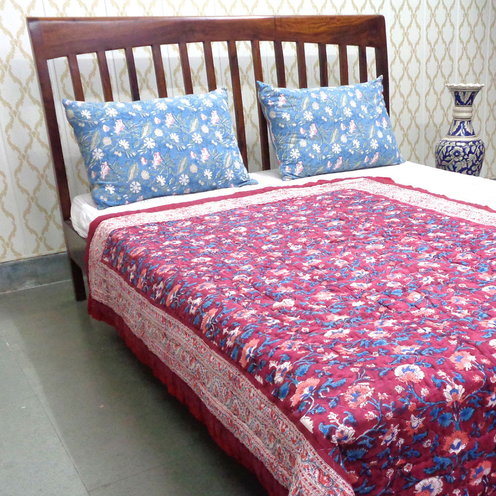 Hand Block Printed Cotton Twin Size Quilt Rukhsana Maroon Gud 105823