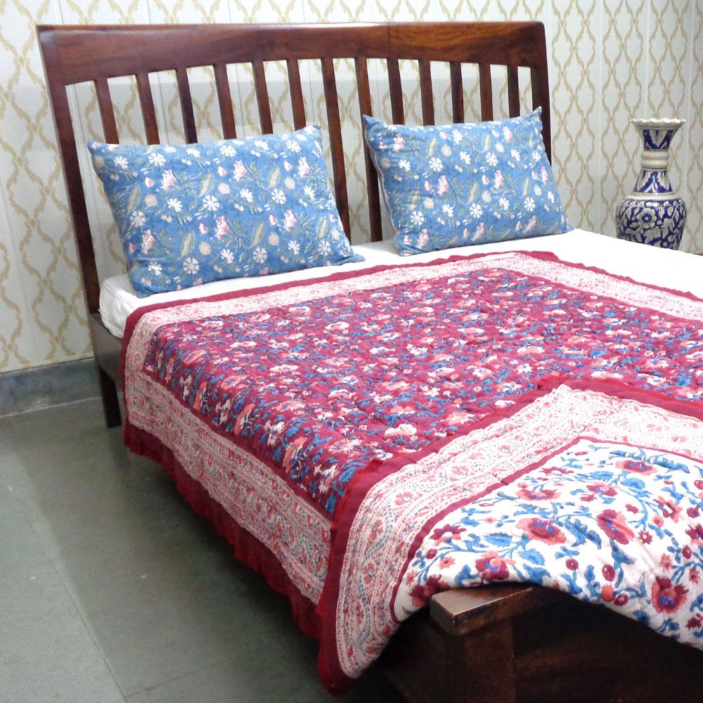 Hand Block Printed Cotton Twin Size Quilt Rukhsana Maroon Gud 105823