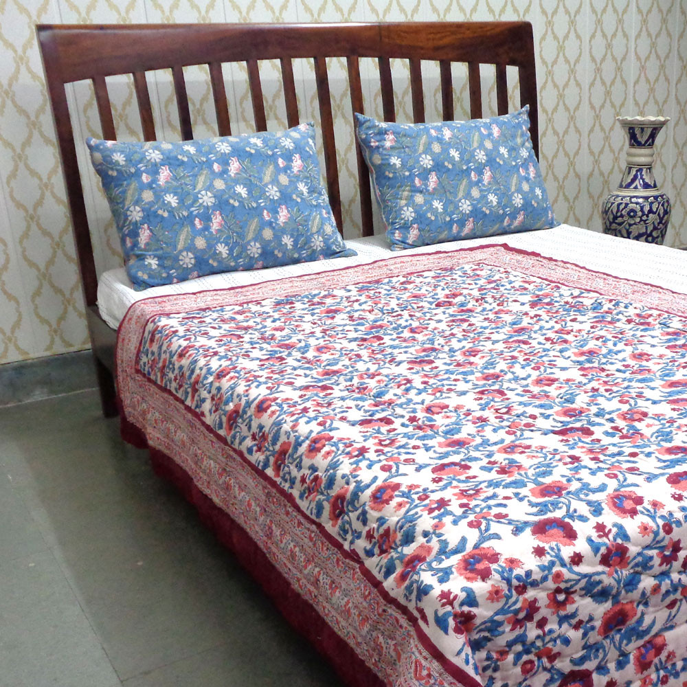 Hand Block Printed Cotton Twin Size Quilt Rukhsana Maroon Gud 105823