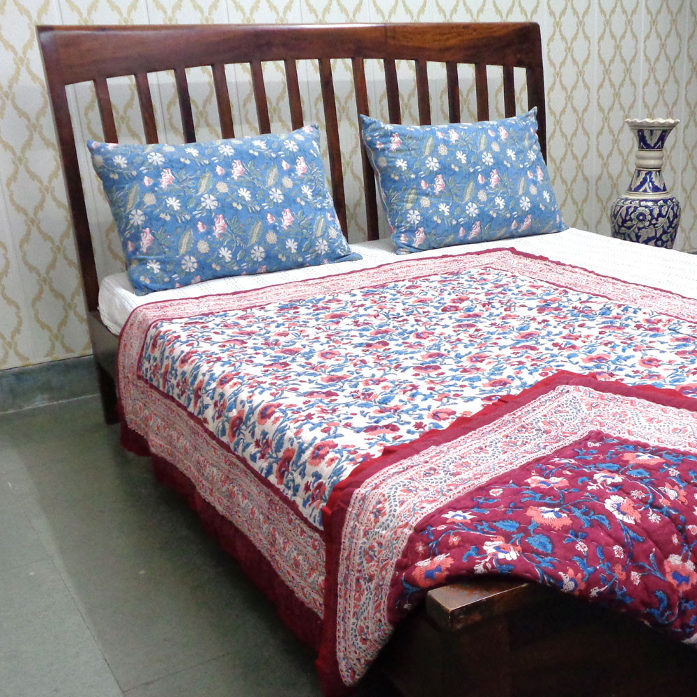 Hand Block Printed Cotton Twin Size Quilt Rukhsana Maroon Gud 105823