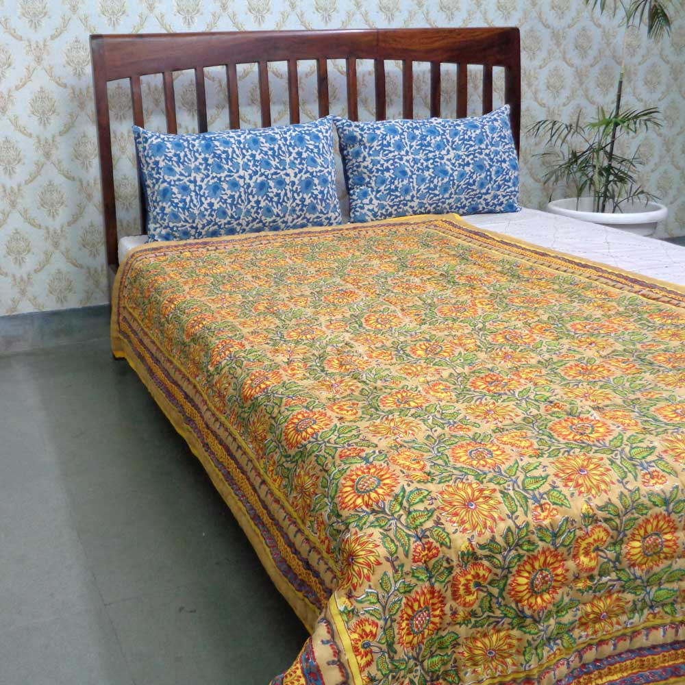 Hand Block Printed Cotton Twin Size Quilt Surajmukhi Canary Gud 102383