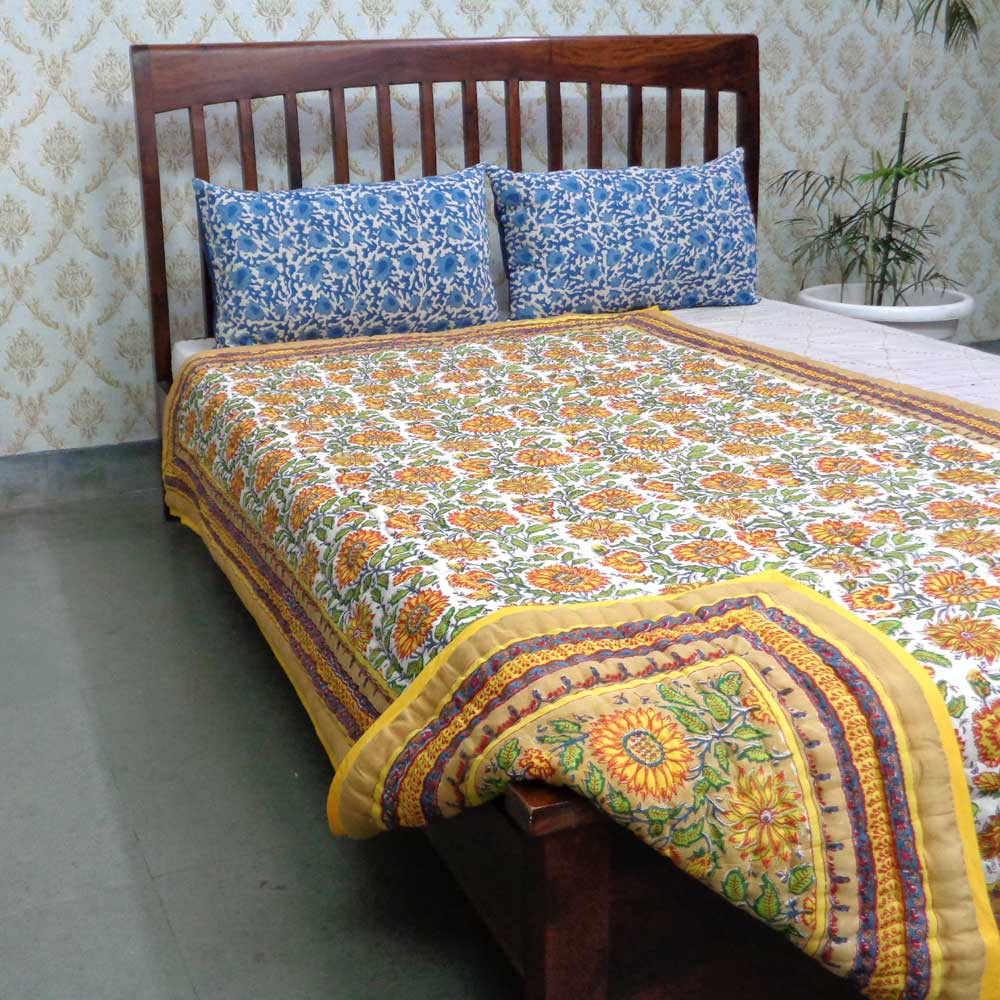 Hand Block Printed Cotton Twin Size Quilt Surajmukhi Canary Gud 102383