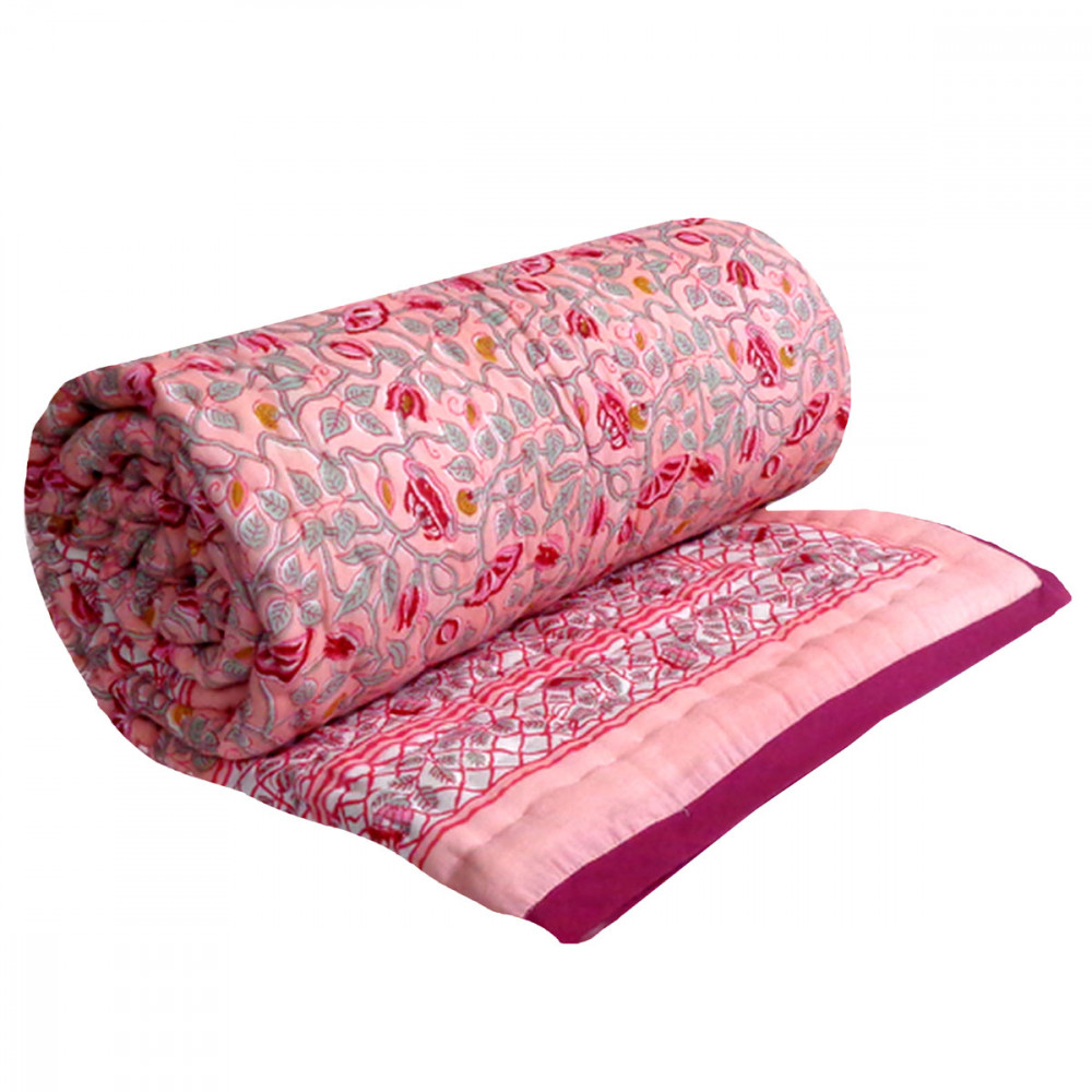 Image of Hand Block Printed Cotton Twin Size Quilt | Waterlily Pink Gud 906174
