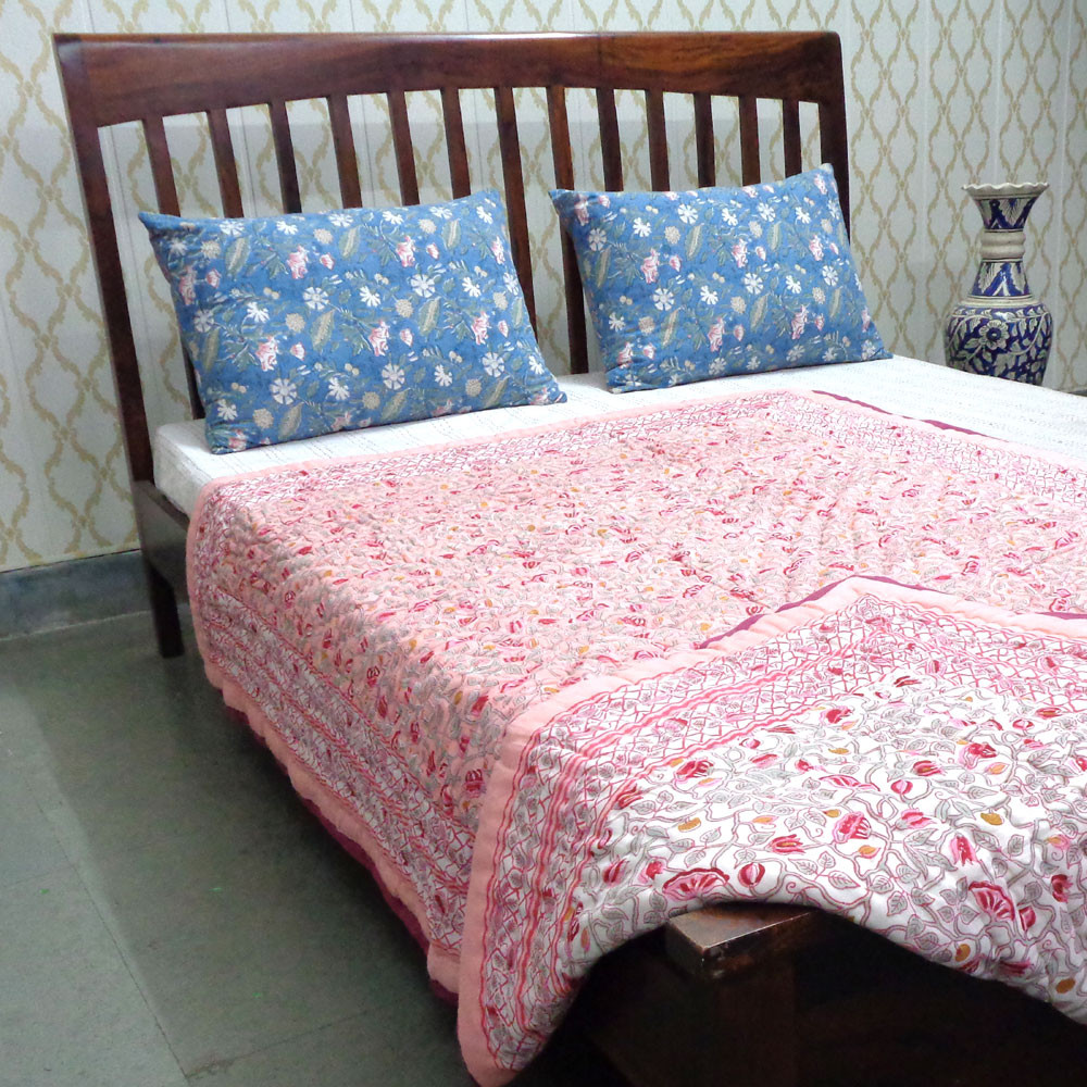 Hand Block Printed Cotton Twin Size Quilt Waterlily Pink Gud 906174