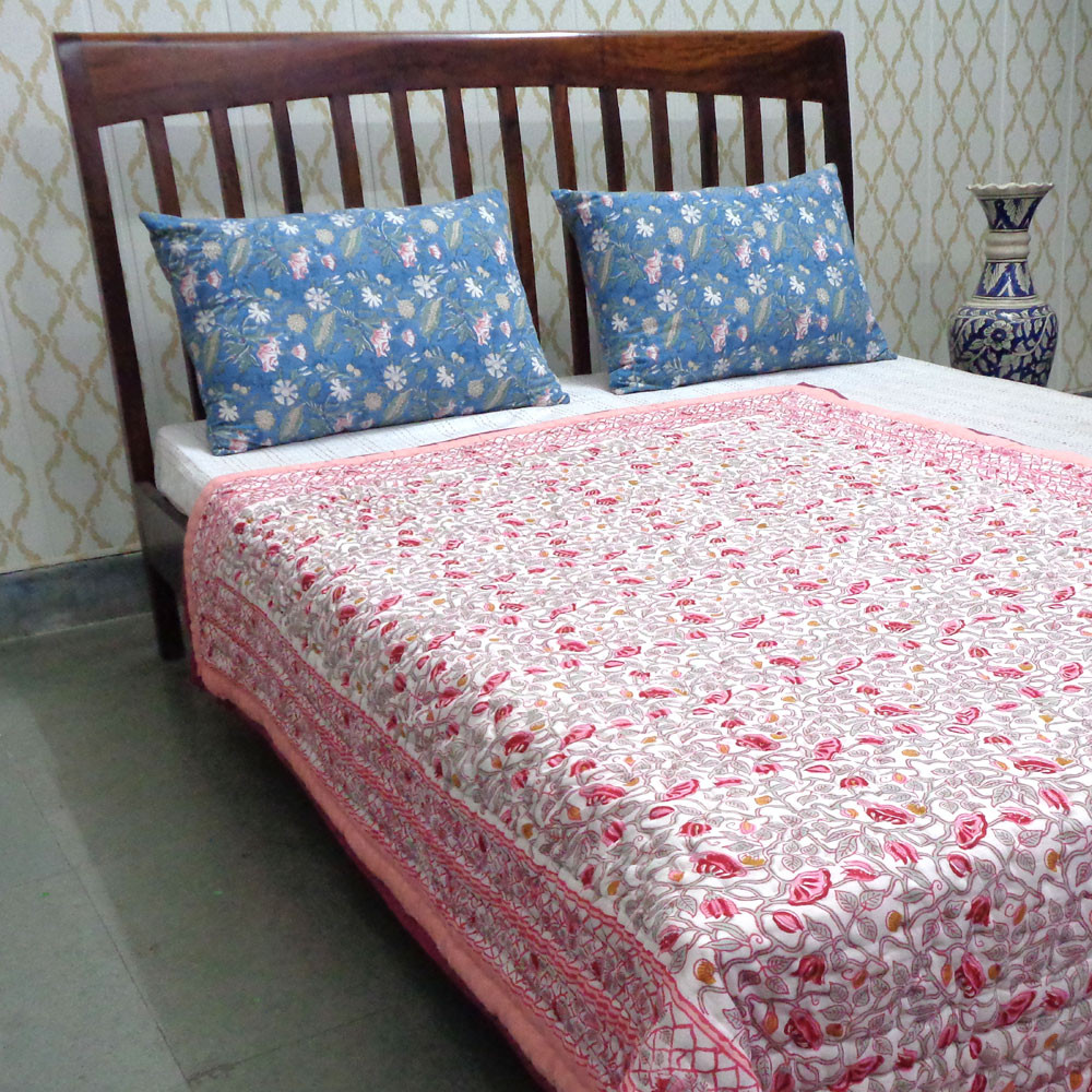 Hand Block Printed Cotton Twin Size Quilt Waterlily Pink Gud 906174