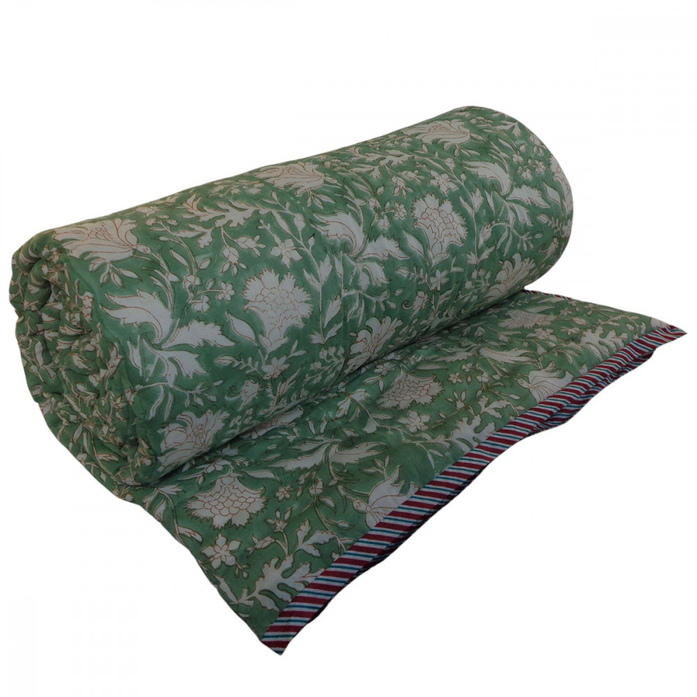Image of Hand Block Printed Cotton Twin Size Quilt | White Green Flower 202215