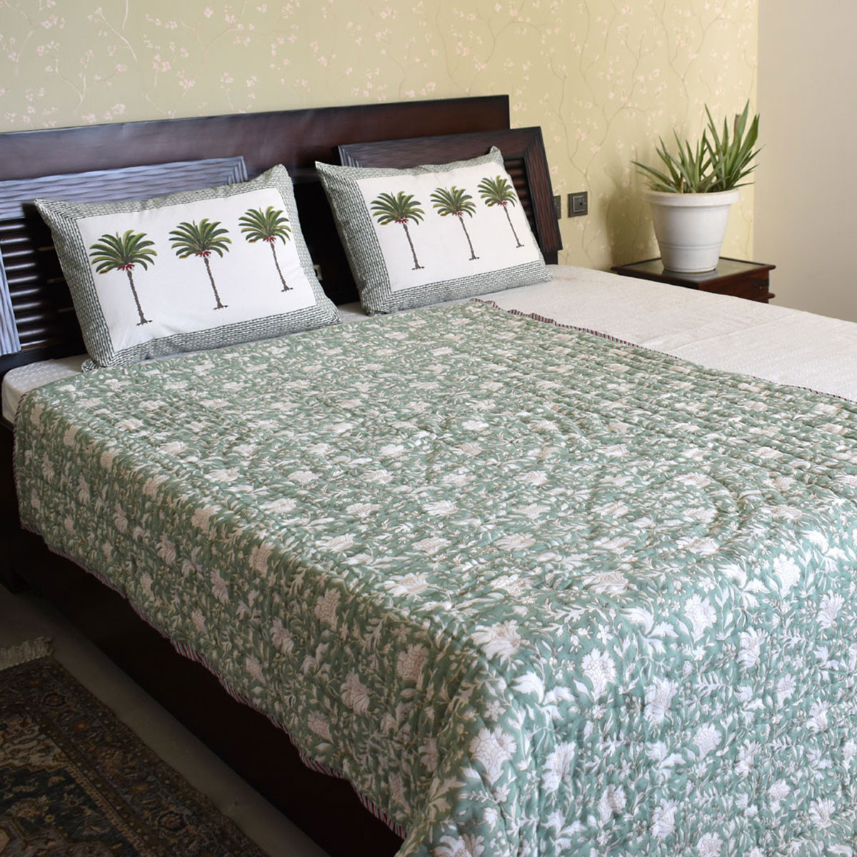 Hand Block Printed Cotton Twin Size Quilt White Green Flower 202215