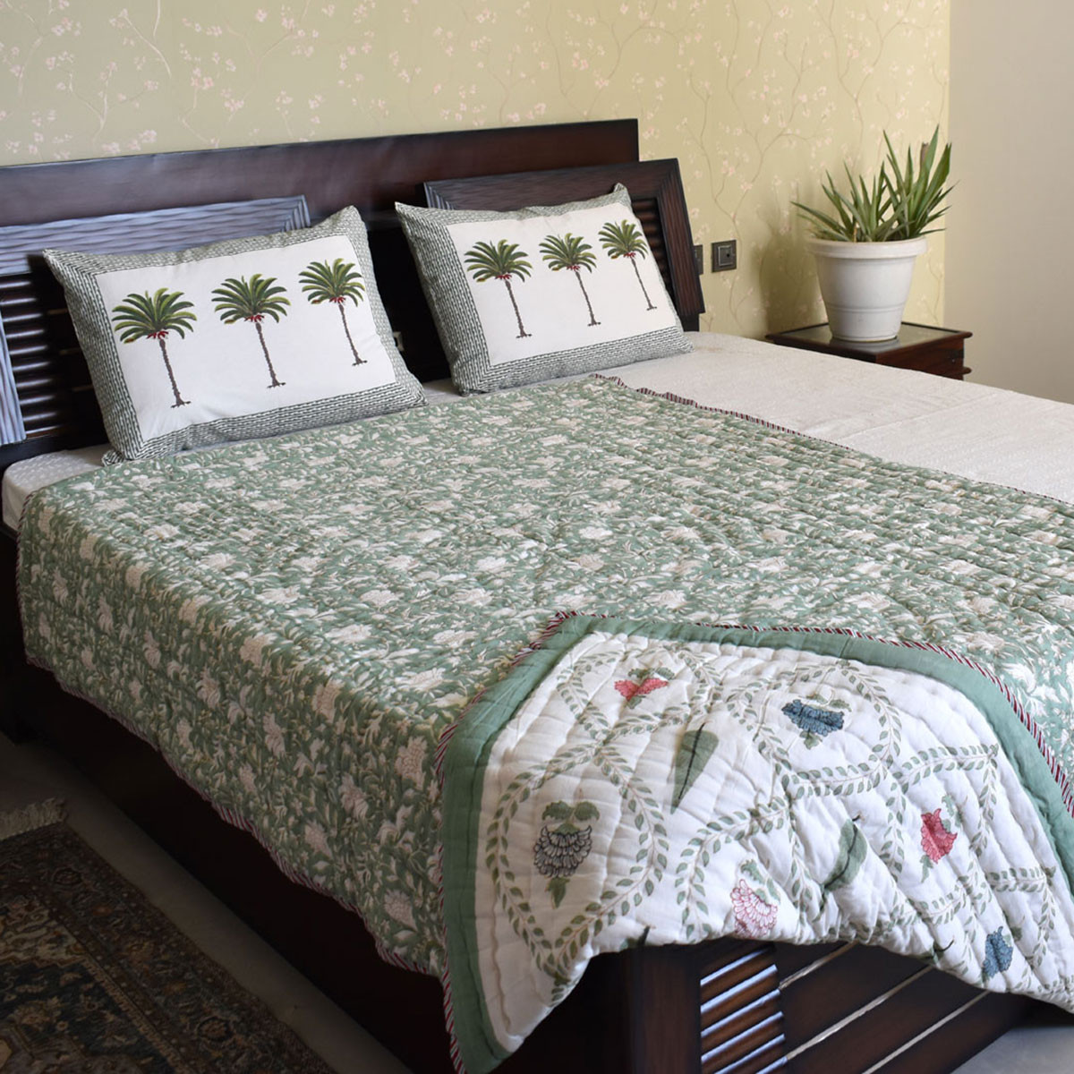 Hand Block Printed Cotton Twin Size Quilt White Green Flower 202215