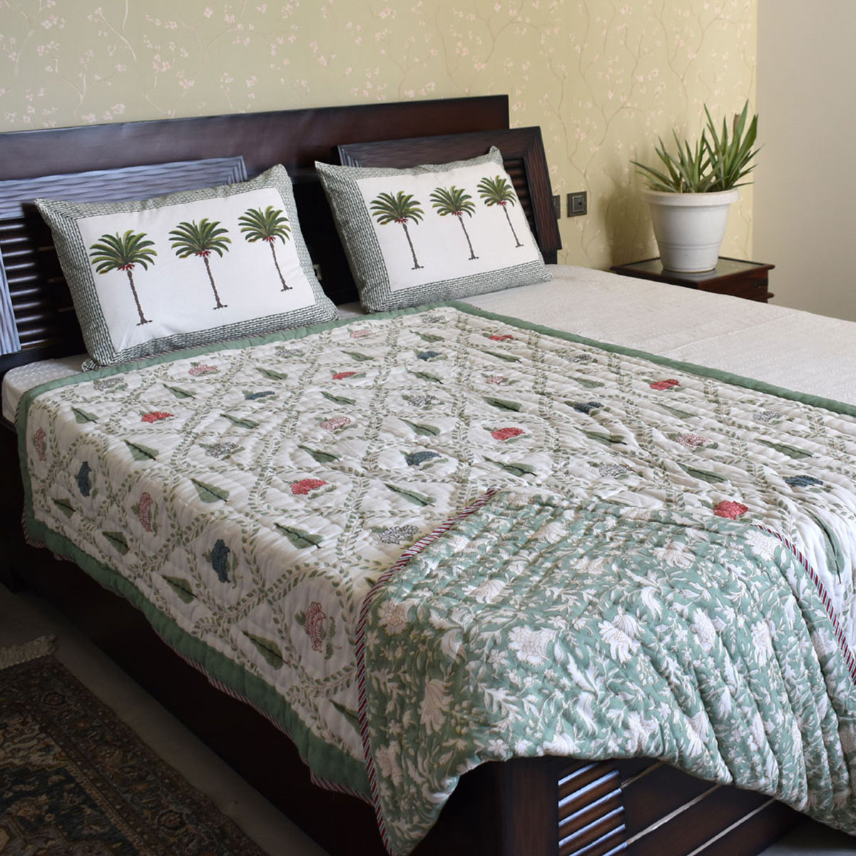 Hand Block Printed Cotton Twin Size Quilt White Green Flower 202215