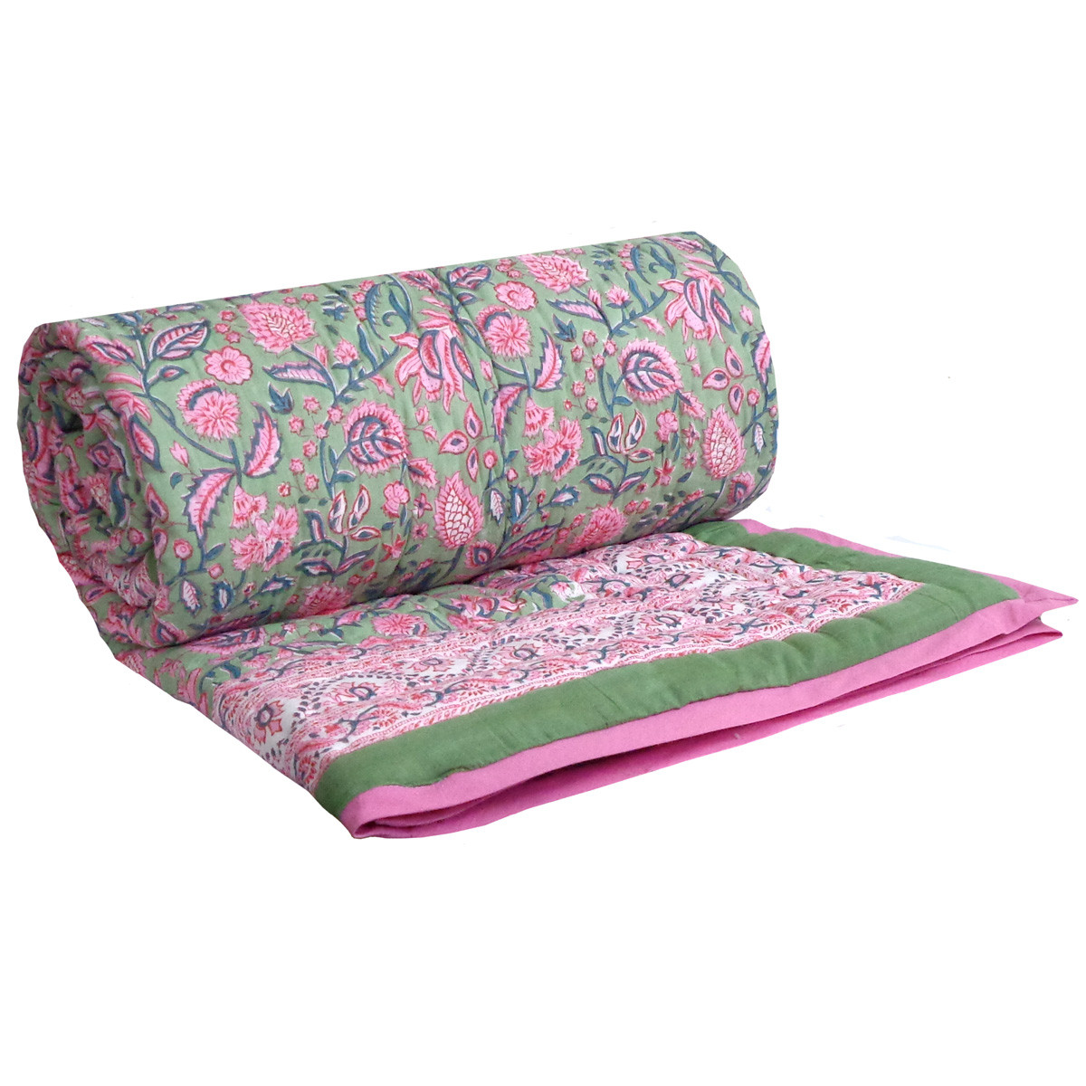 Hand Block Printed Cotton Twin Size Quilt Begonia Pink 122680