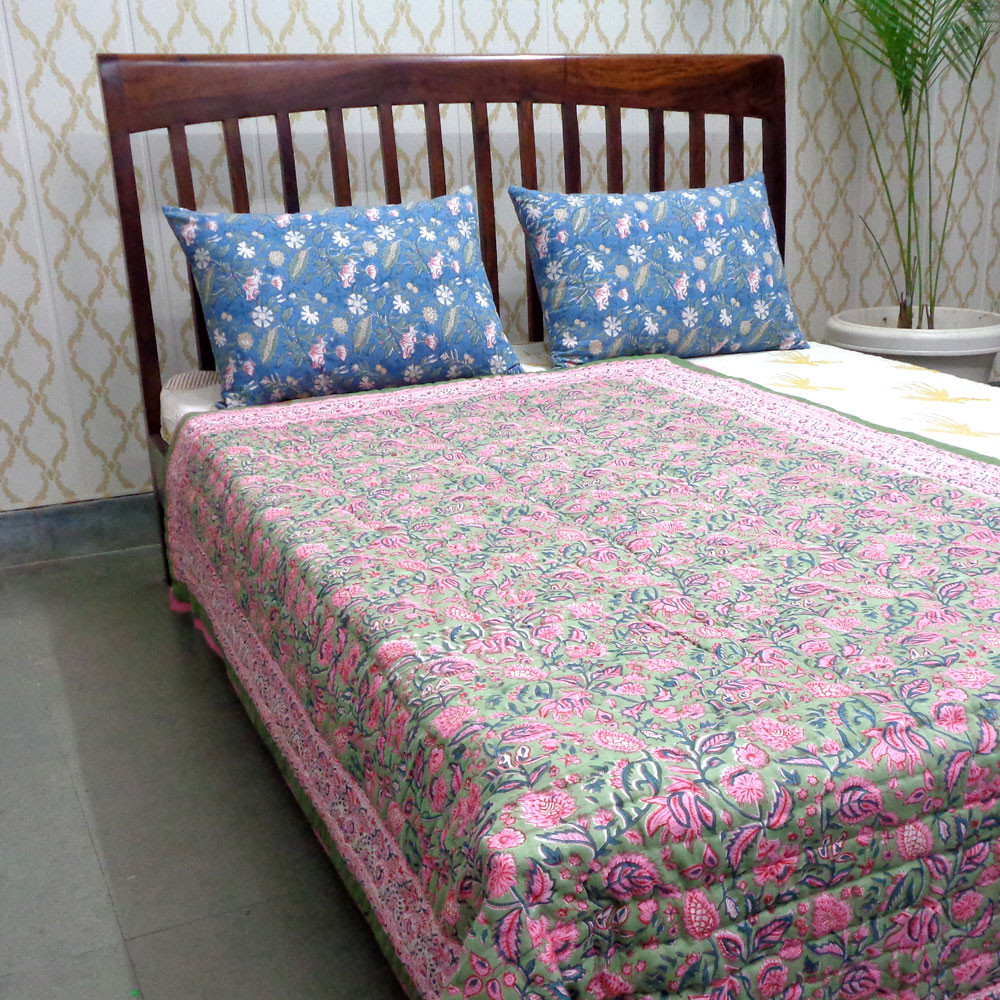 Hand Block Printed Cotton Twin Size Quilt Begonia Pink 122680