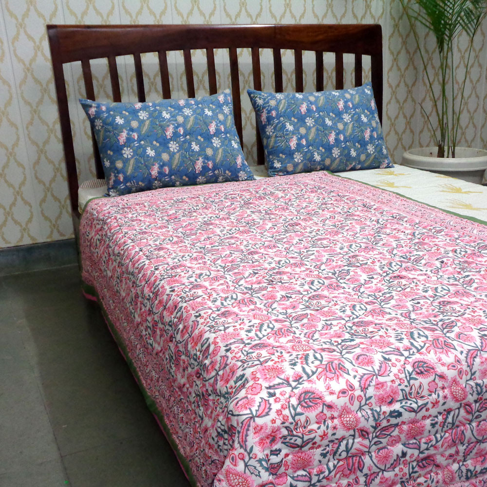 Hand Block Printed Cotton Twin Size Quilt Begonia Pink 122680
