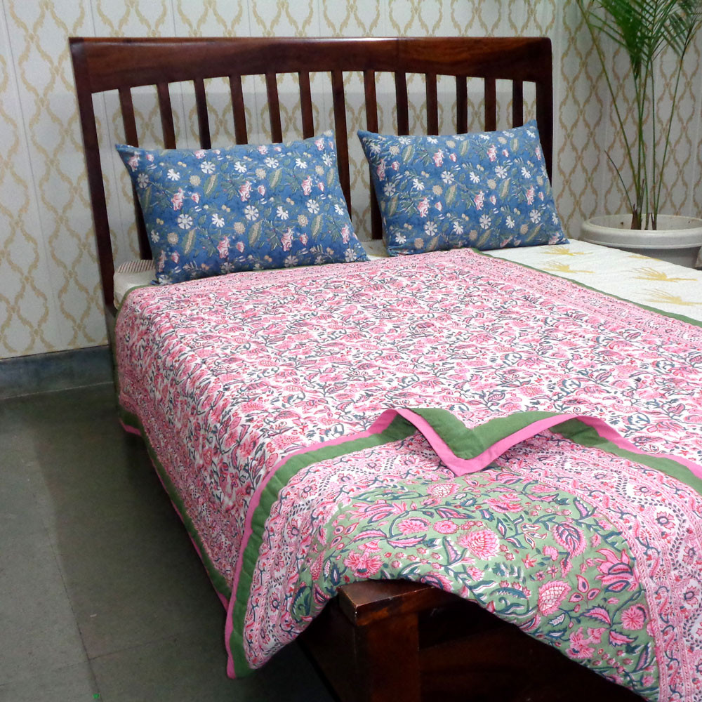 Hand Block Printed Cotton Twin Size Quilt Begonia Pink 122680
