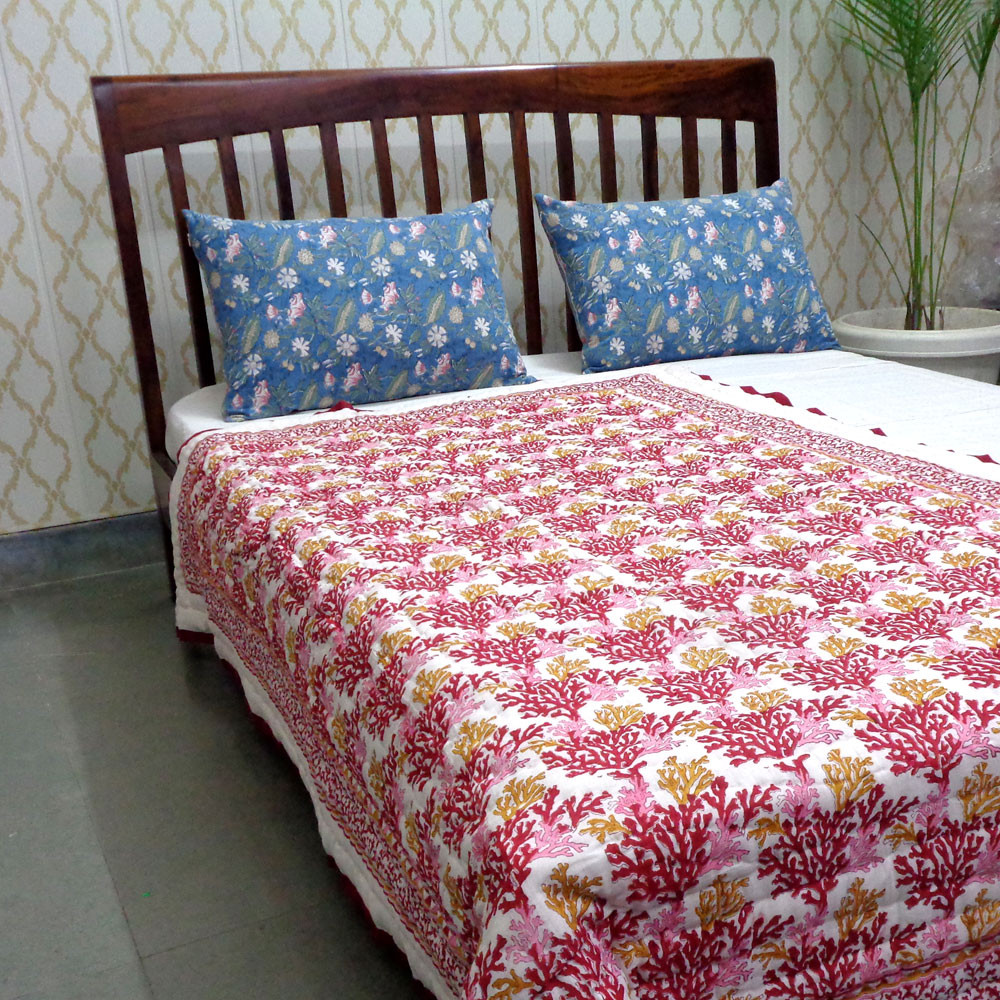 Hand Block Printed Cotton Twin Size Quilt Coral Multi Red 701927