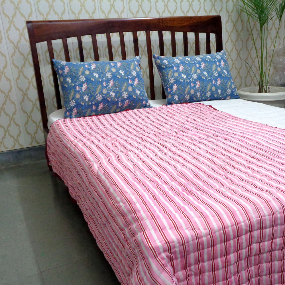 Hand Block Printed Cotton Twin Size Quilt Coral Multi Red 701927