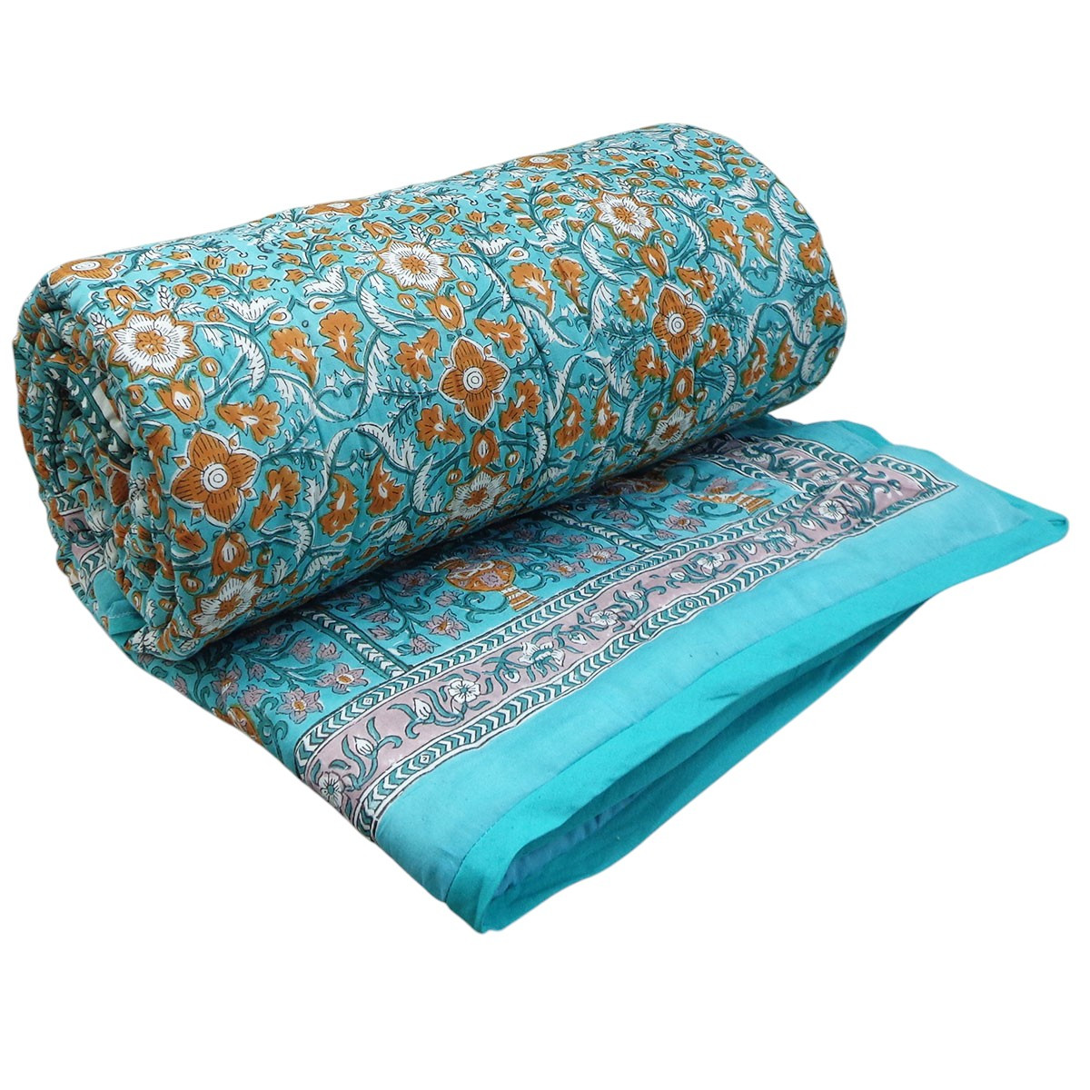 Hand Block Printed Cotton Twin Size Quilt Phulwari Blue Tint 701407